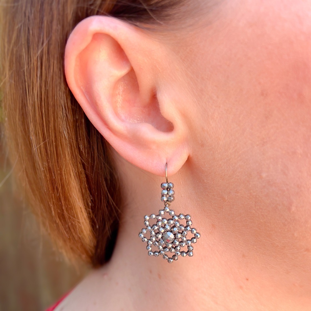 Georgian c.1800 Cut Steel Flower Antique Drop Earrings